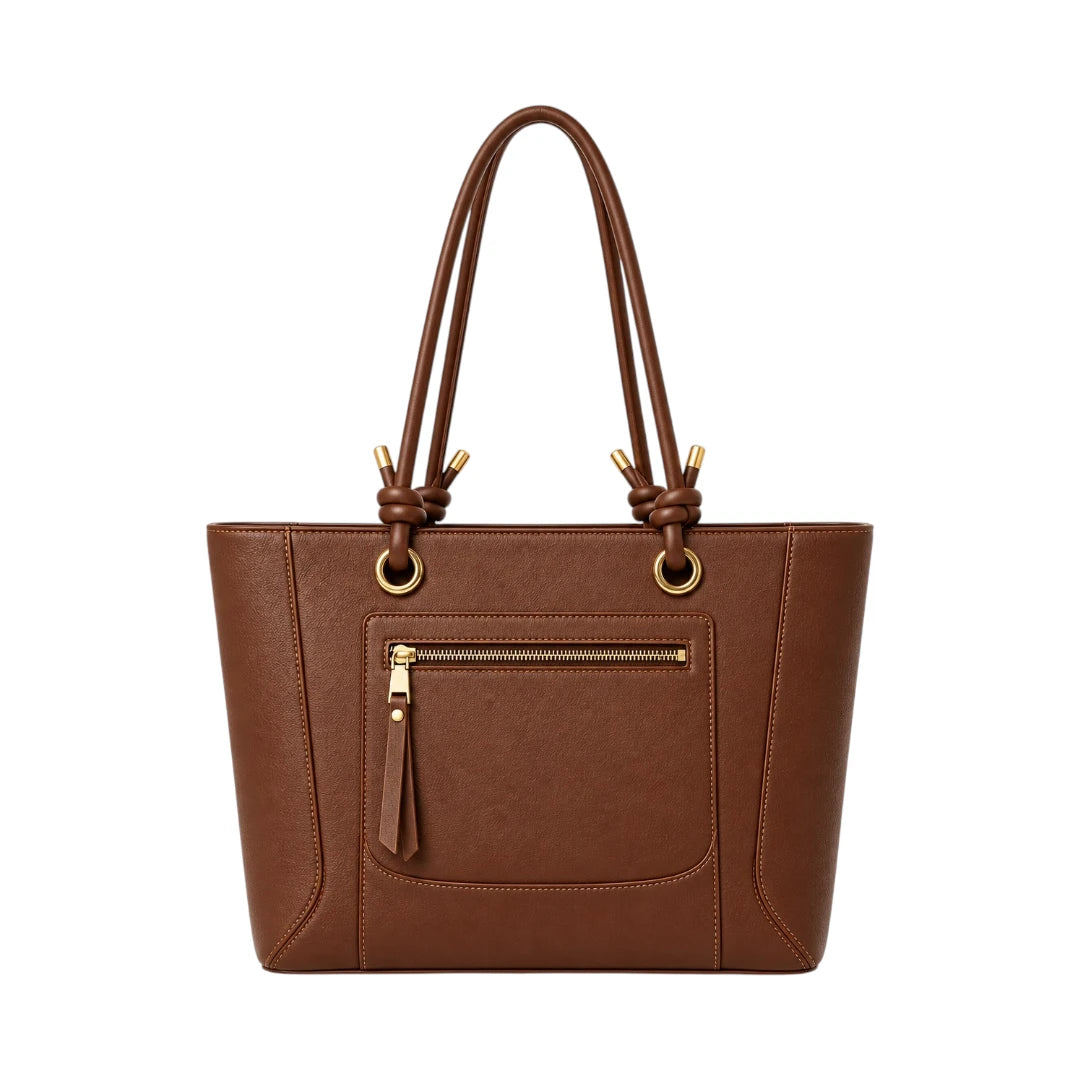 Totzen Brown Knotted Handle Front Pocket Tote Bag