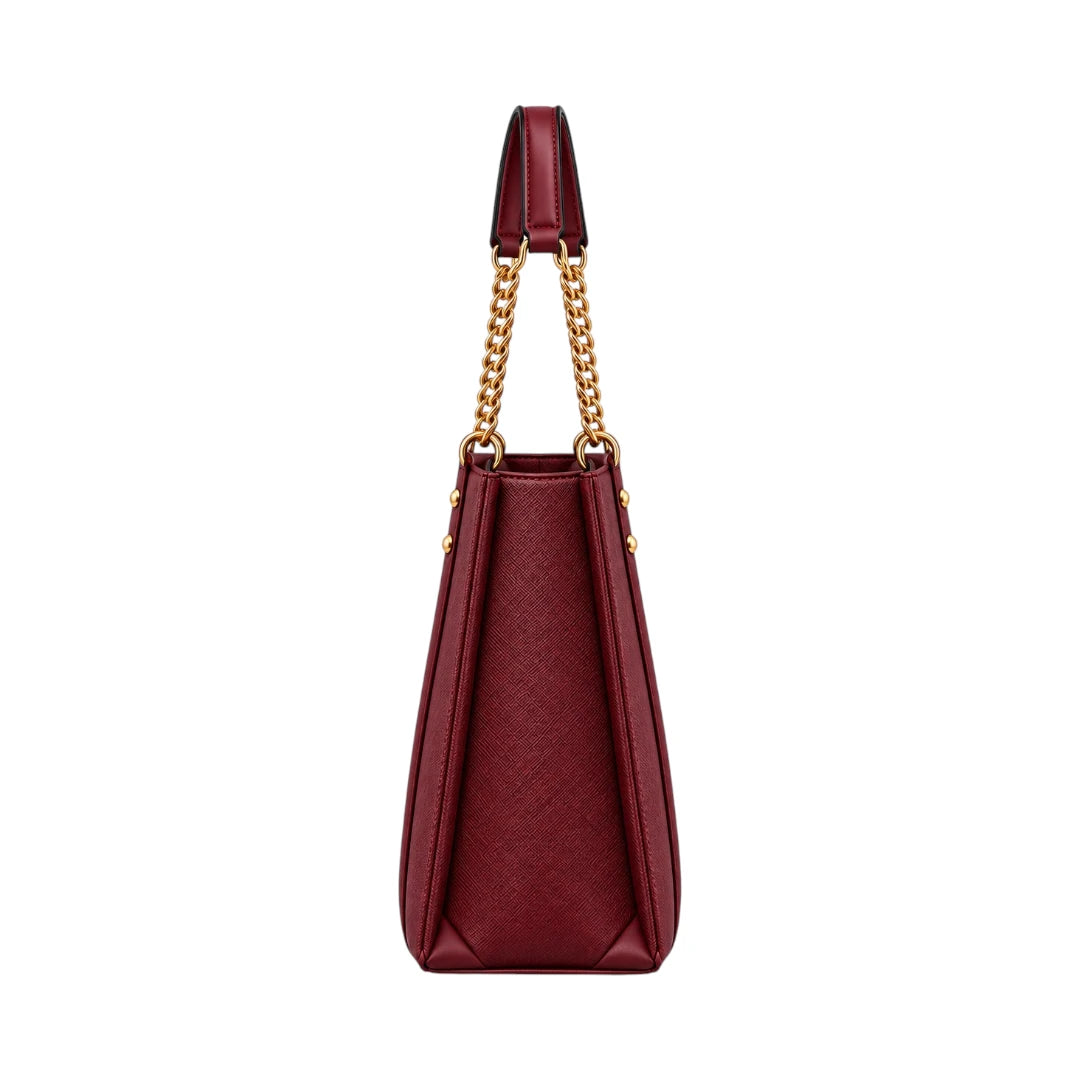Totzen Burgundy Chain Handle Tote Bag – Elegant Gold Accent Design