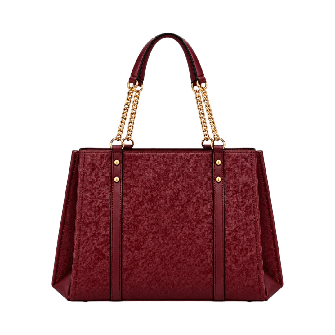 Totzen Burgundy Chain Handle Tote Bag – Elegant Gold Accent Design