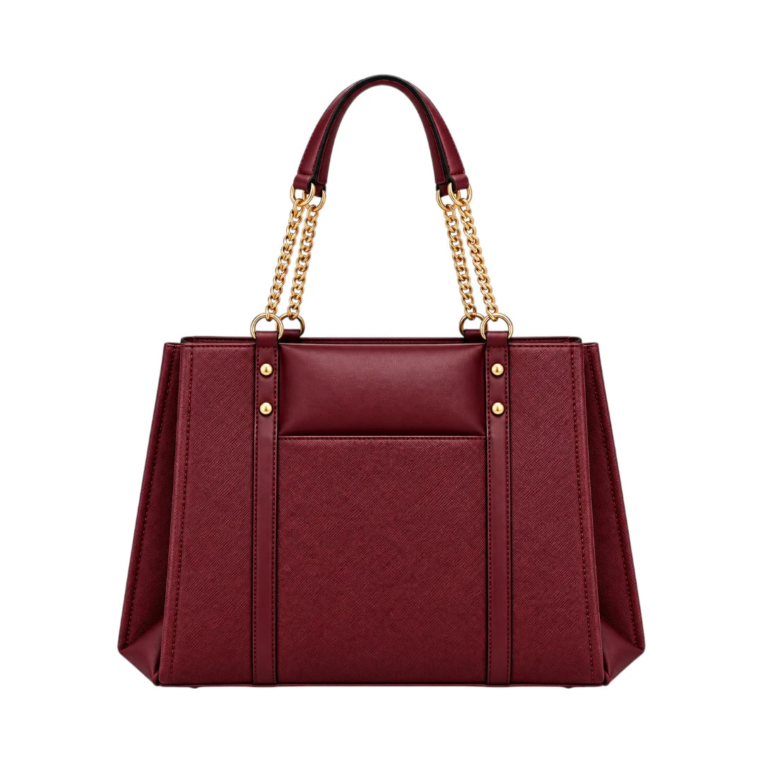 Totzen Burgundy Chain Handle Tote Bag – Elegant Gold Accent Design